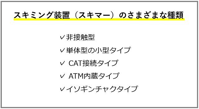 スキミング装置（スキマ―）のさまざまな種類